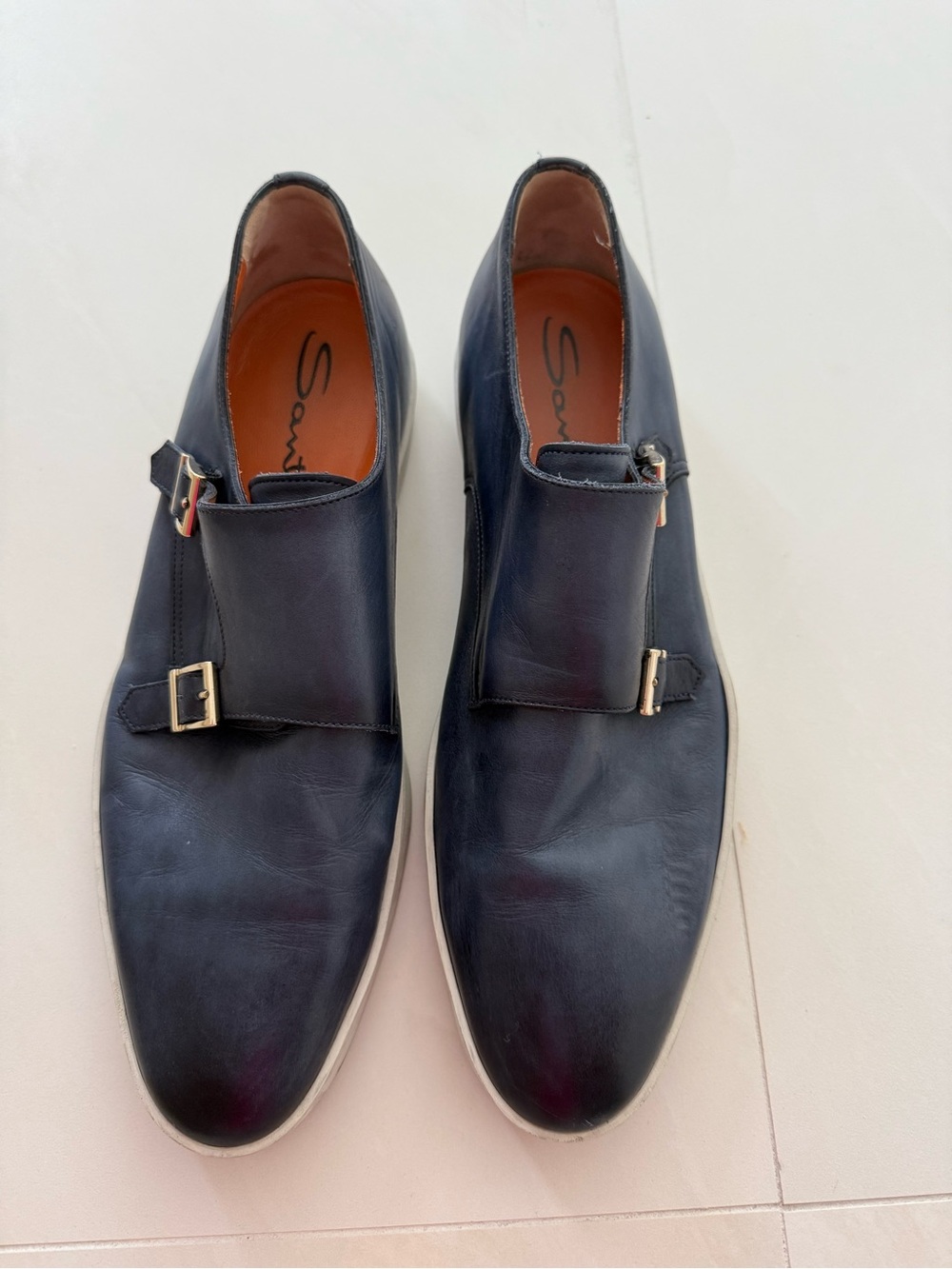 Santoni Men’s Navy Leather Double Monk Strap Shoes